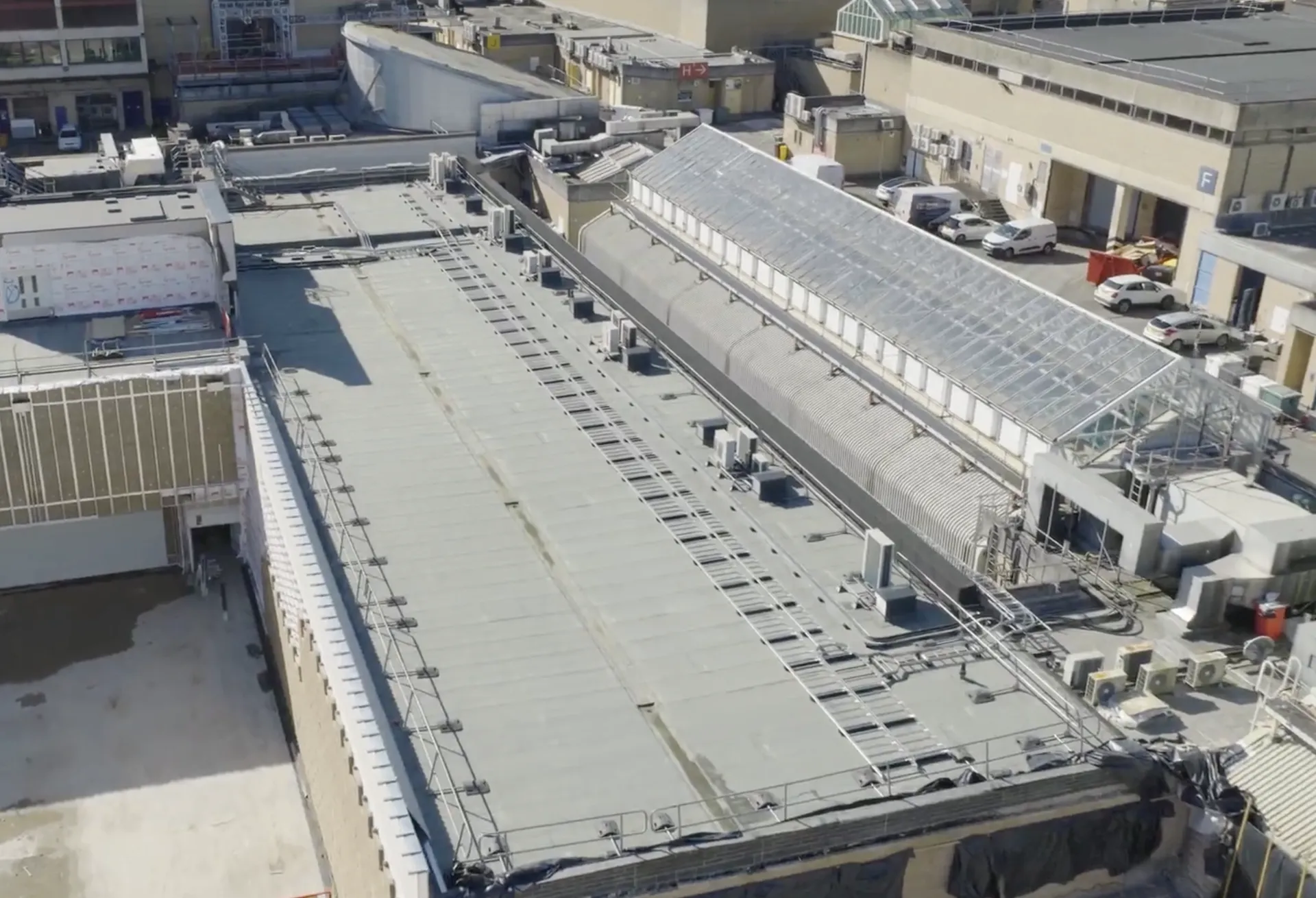 JPS temporary roof structure and scaffold erected over St David's Shopping Centre, Cardiff, during RAAC roof replacement